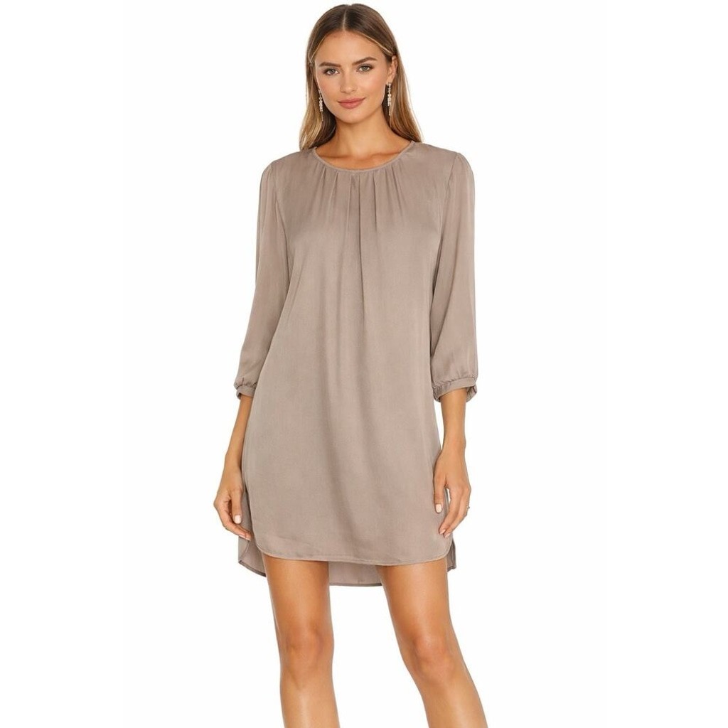 Brochu Walker Flowy Pleated Beige Shift 100% Silk Dress NWT