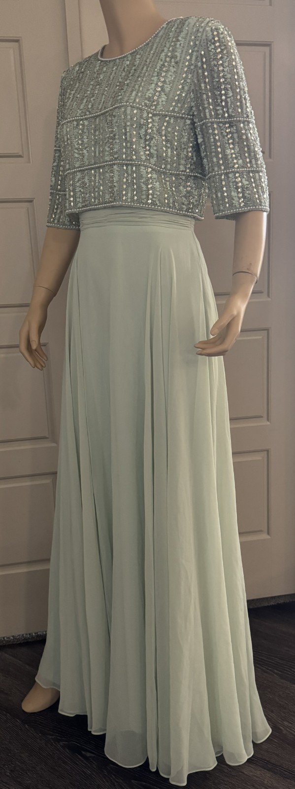 Mac Duggal 9180 Fully Beaded 3/4 Sleeves Top Chiffon Gown- Size 12 (LK#1146 A)