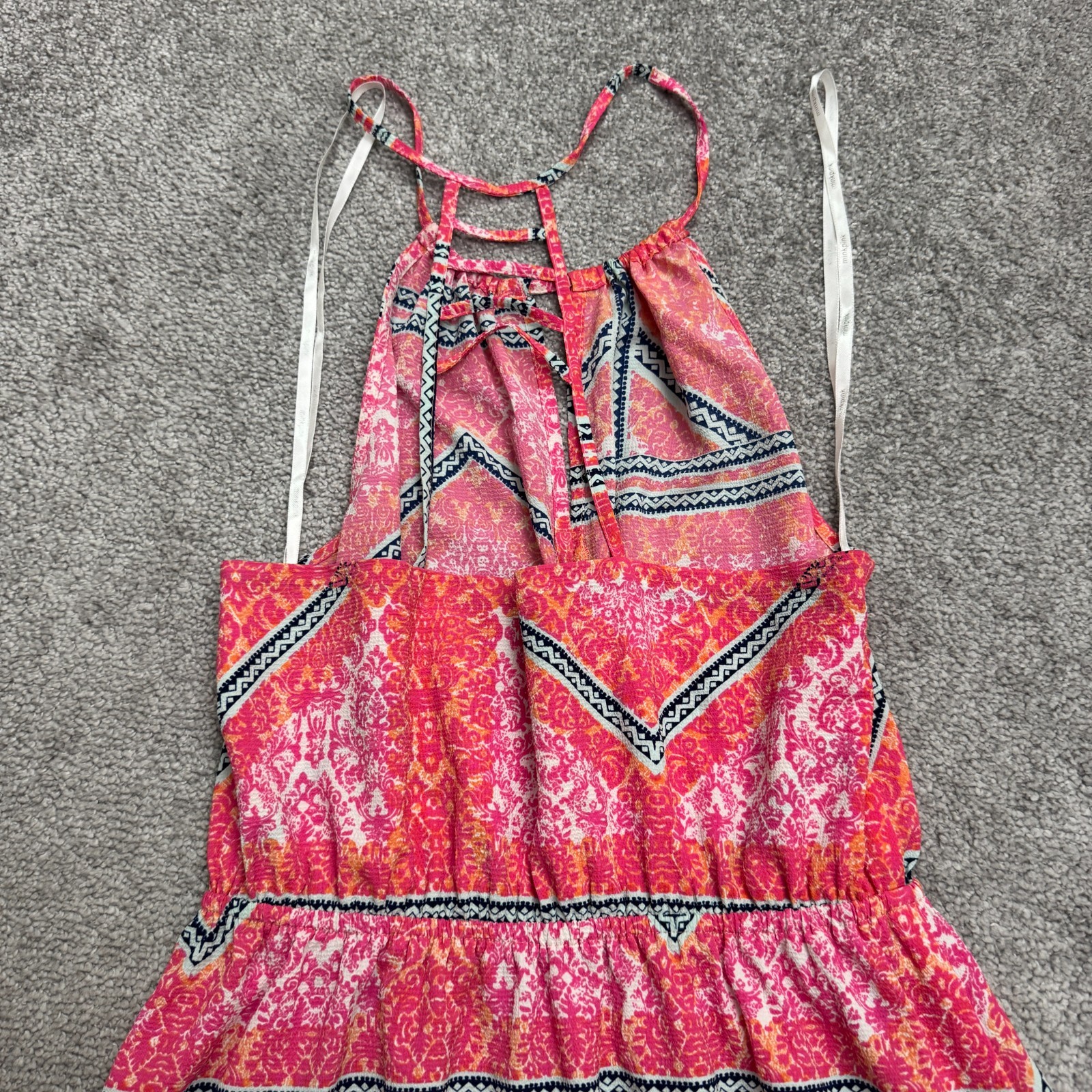Minkpink Geometric Halter Maxi Dress Women Medium Pink Orange Backless Slit NWOT