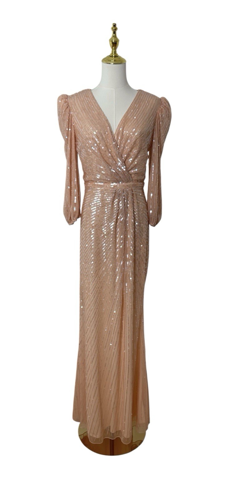 Mac Duggal 5614 Peach Sequin Faux Wrap Column Gown Size 6 $598