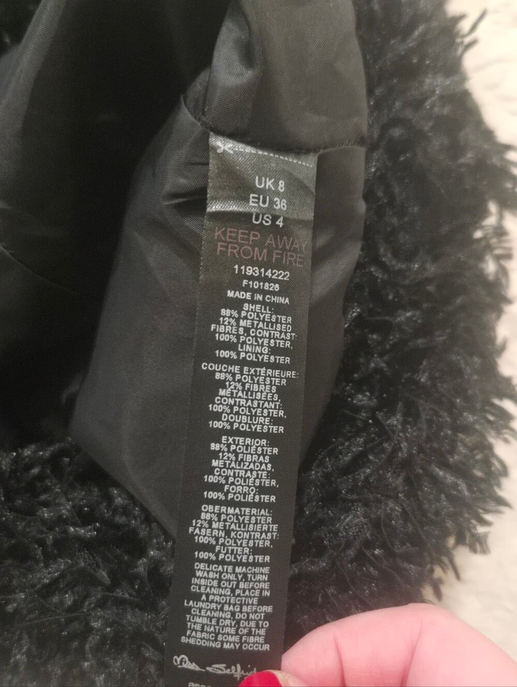 Miss Selfridge Green & Black Floral Jacquard Black Faux-Fur Fringe Dress, Size 4