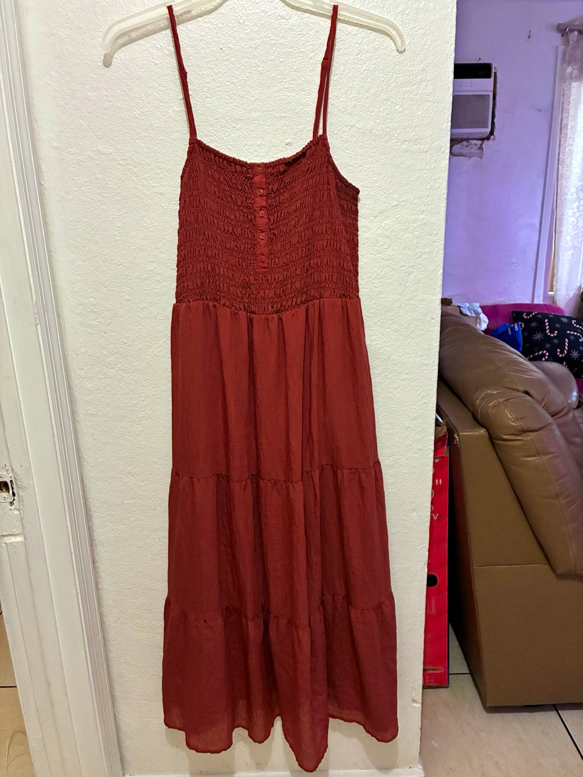 Universal Thread Brown Solid Smocked Square Neck Maxi Dress Adjustable Straps L