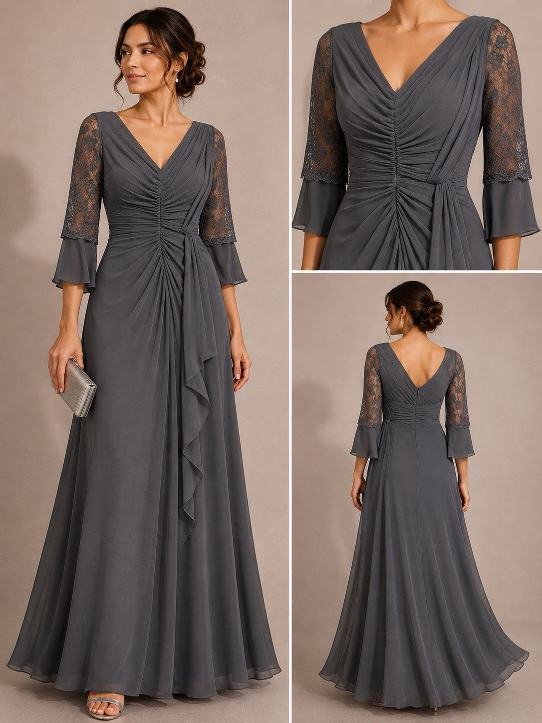 Jade by Jasmine Women’s Gray Solid Lace V-Neck 3/4 Sleeve Ruffle Gown 14