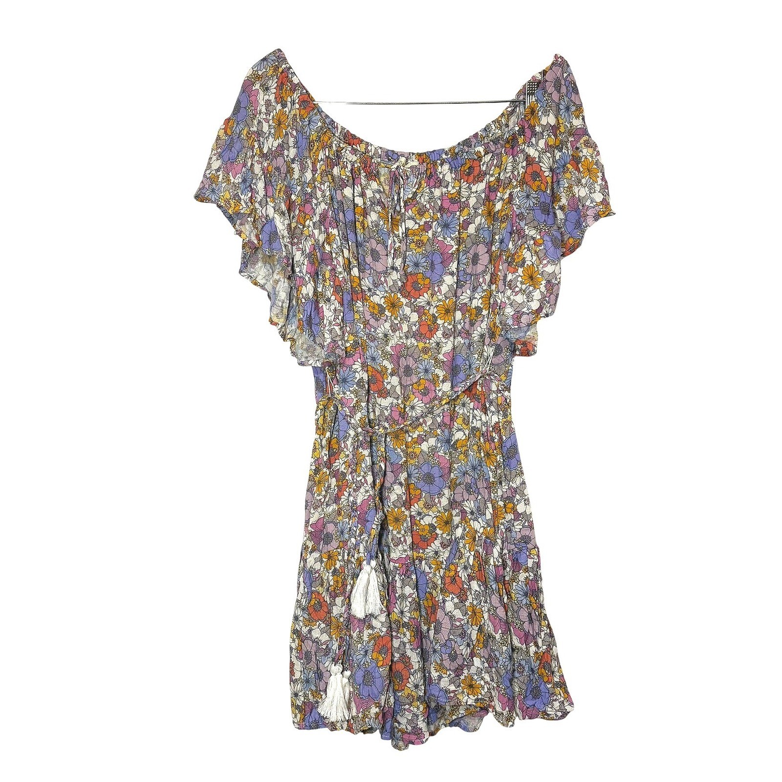 Cynthia Rowley Floral Off Shoulder Mini Dress XL Purple Orange Boho Tassel Belt