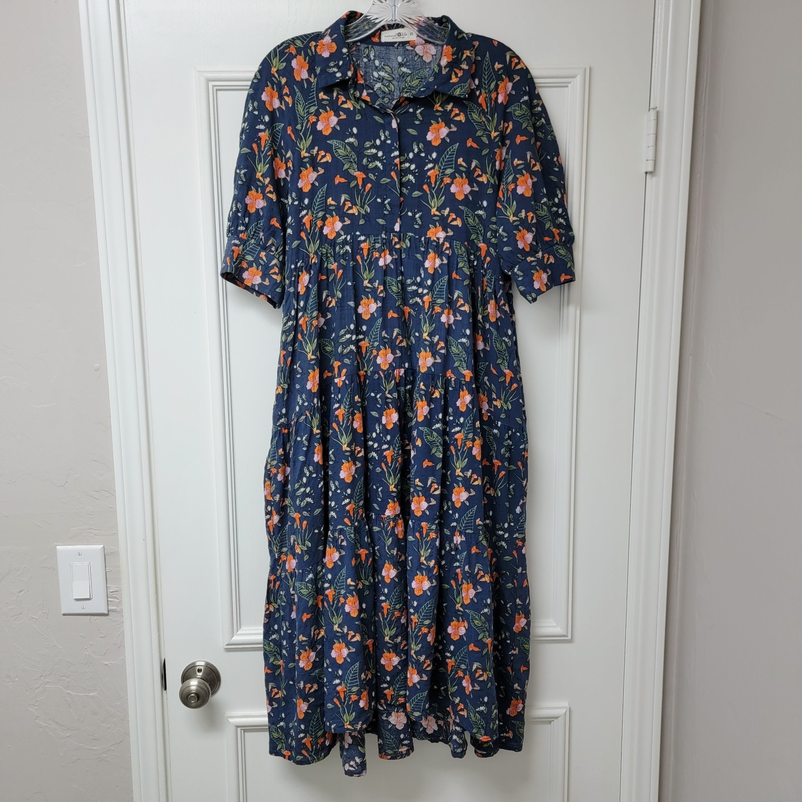 Natural Life Rebecca Tiered Midi Boho Peasant Dress Navy Floral Print Pockets XS