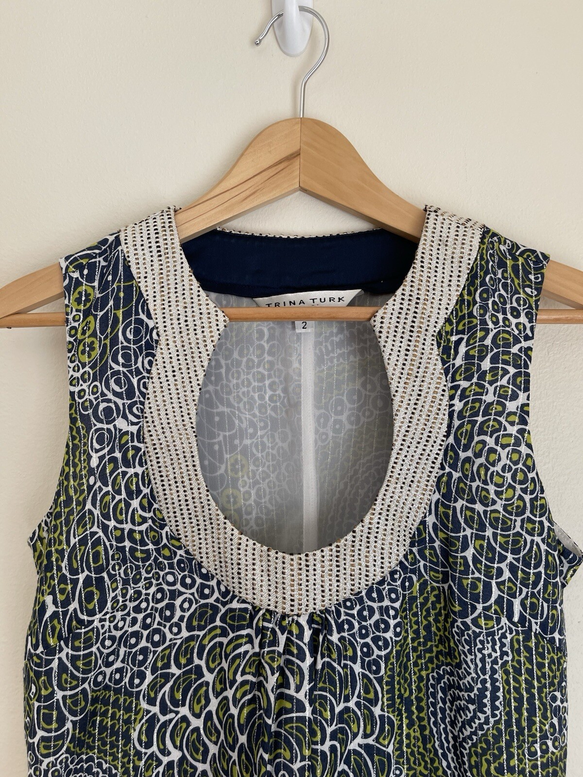 Trina Turk Blue Green Print Metallic Brocade Sleeveless Cotton Mini Dress size 2