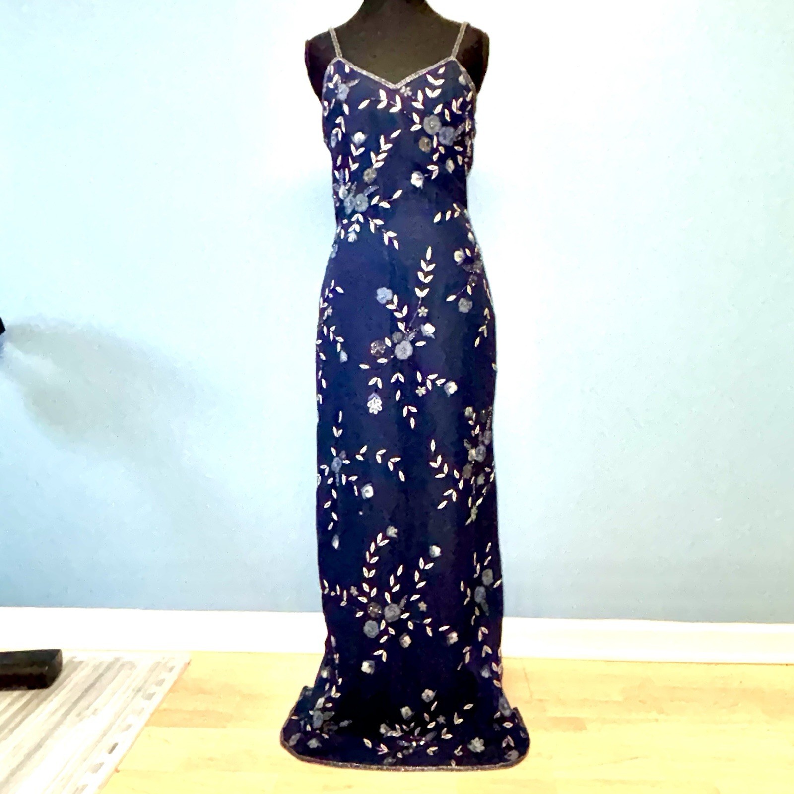Rare Vintage SCALA Navy Size S Pure Silk Beaded Maxi Dress Gown Slit Elegant