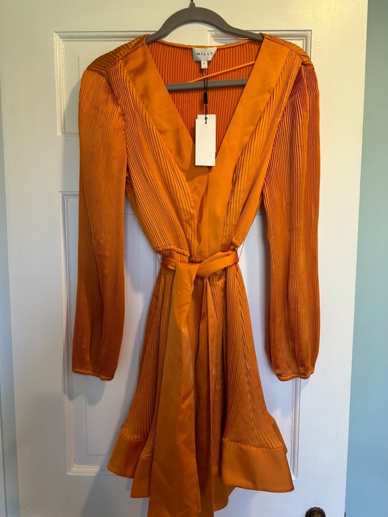 Milly Liv Satin Pleated Dress Amber – Size 6 New w/tags $425