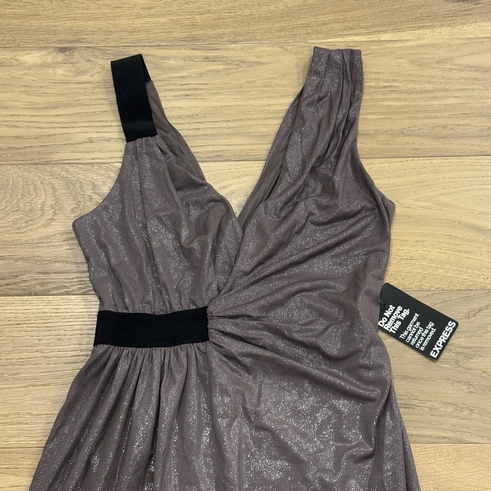 Express Shimmer Metallic Asymmetrical Ruched Bodycon Dress Small NWT Y2K Taupe