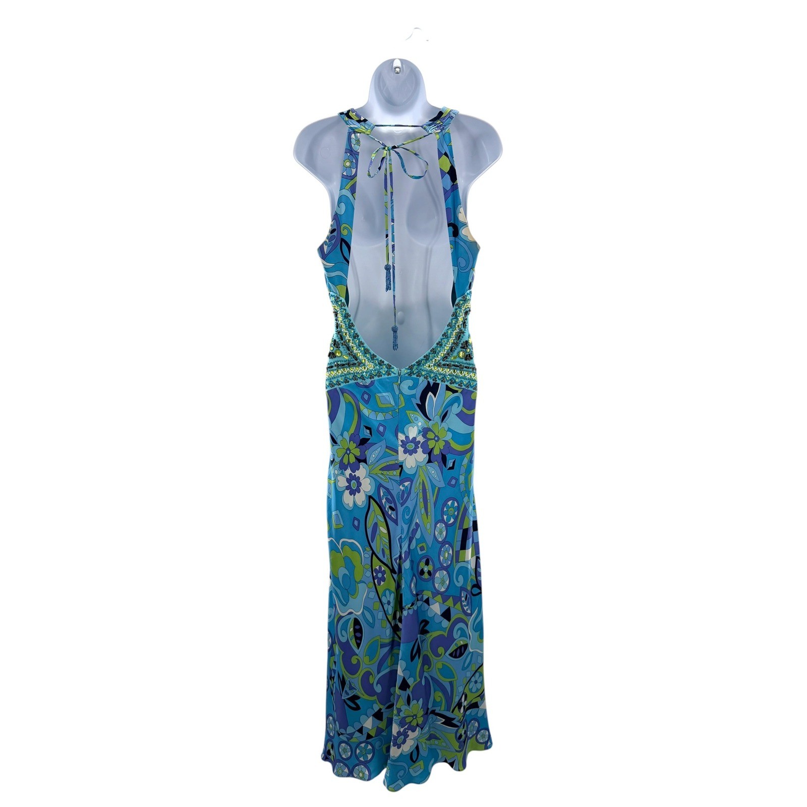 Sue Wong Nocturne Blue Silk Beaded Psychedelic Floral Maxi Dress Open Back 12