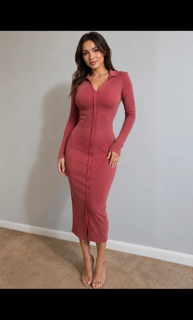 Lulus Pink Ribbed Knit Long Sleeve Zip Front Collared Bodycon Midi Dress M