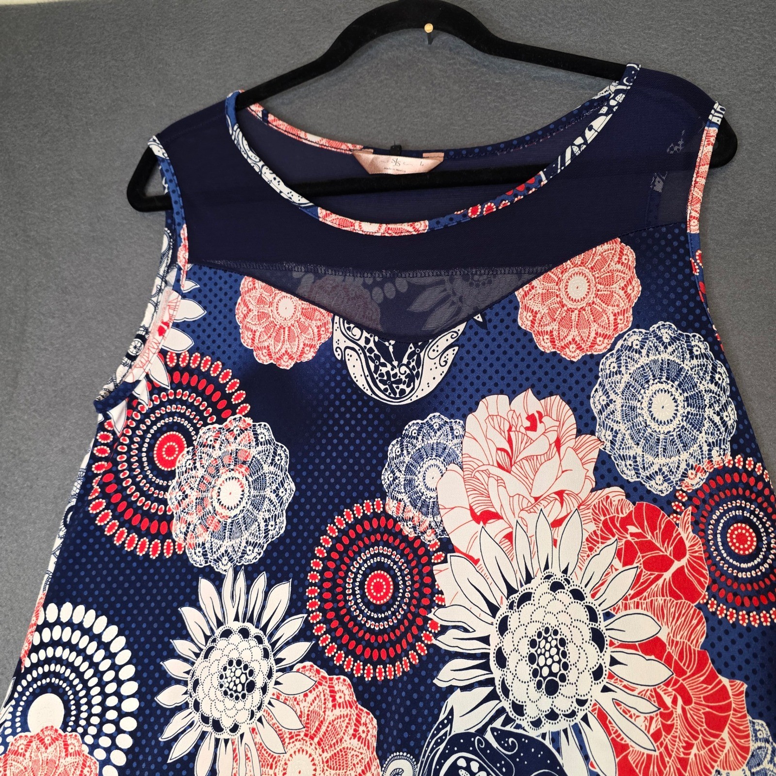 SJS Red White Blue Floral Mandala Sleeveless Mesh Inset A-Line Dress Large