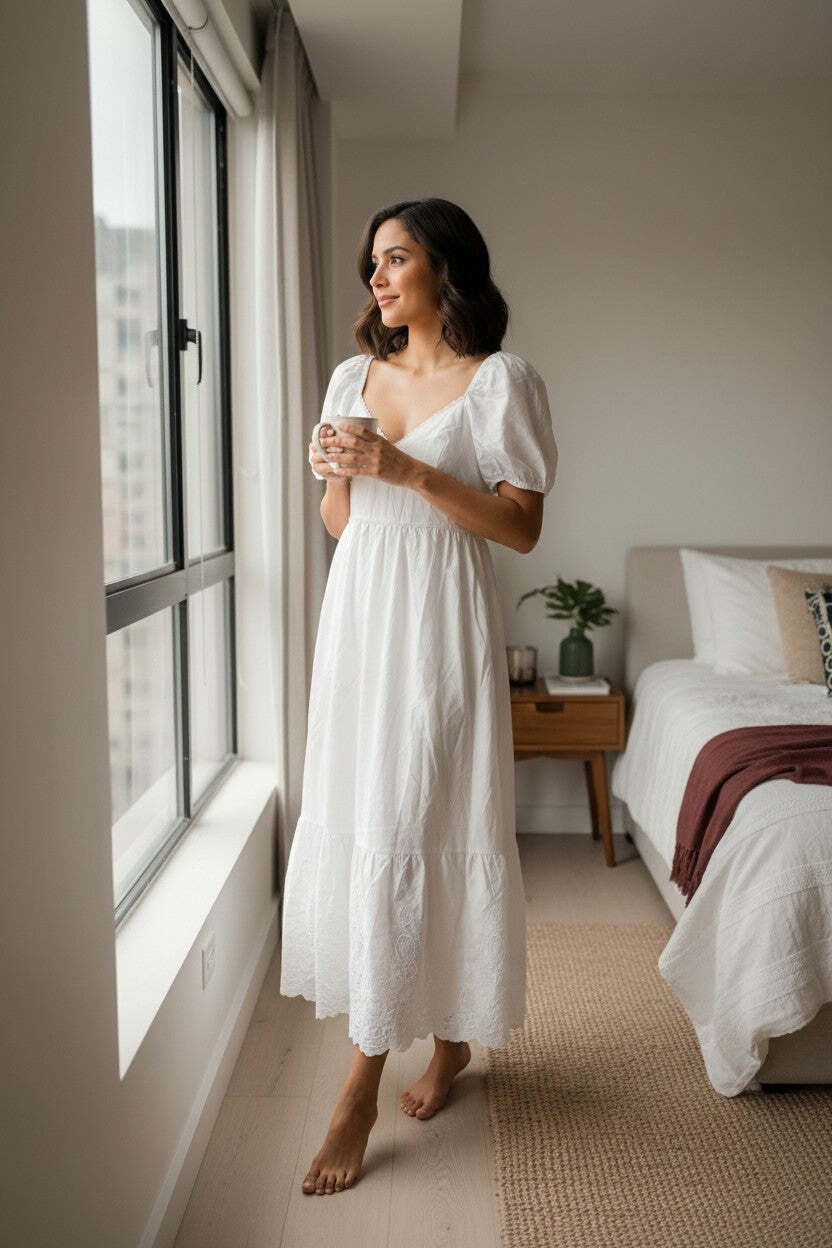 White Puff Sleeve Maxi Dress with Lace Trim