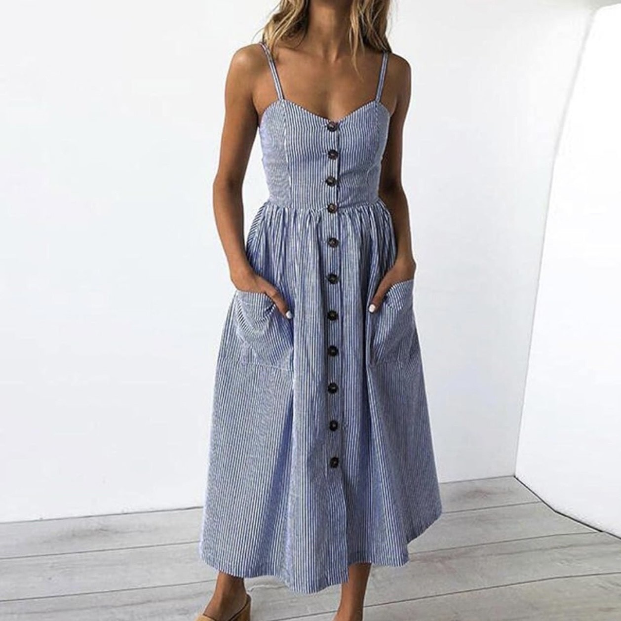 Slide Show Blue White Pinstripe Cottagecore Button Front Midi Dress Size 12