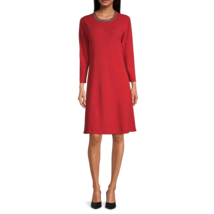 Liz Claiborne Women’s Red 3/4 Sleeve Embellished A-Line Sweater Dress Size L