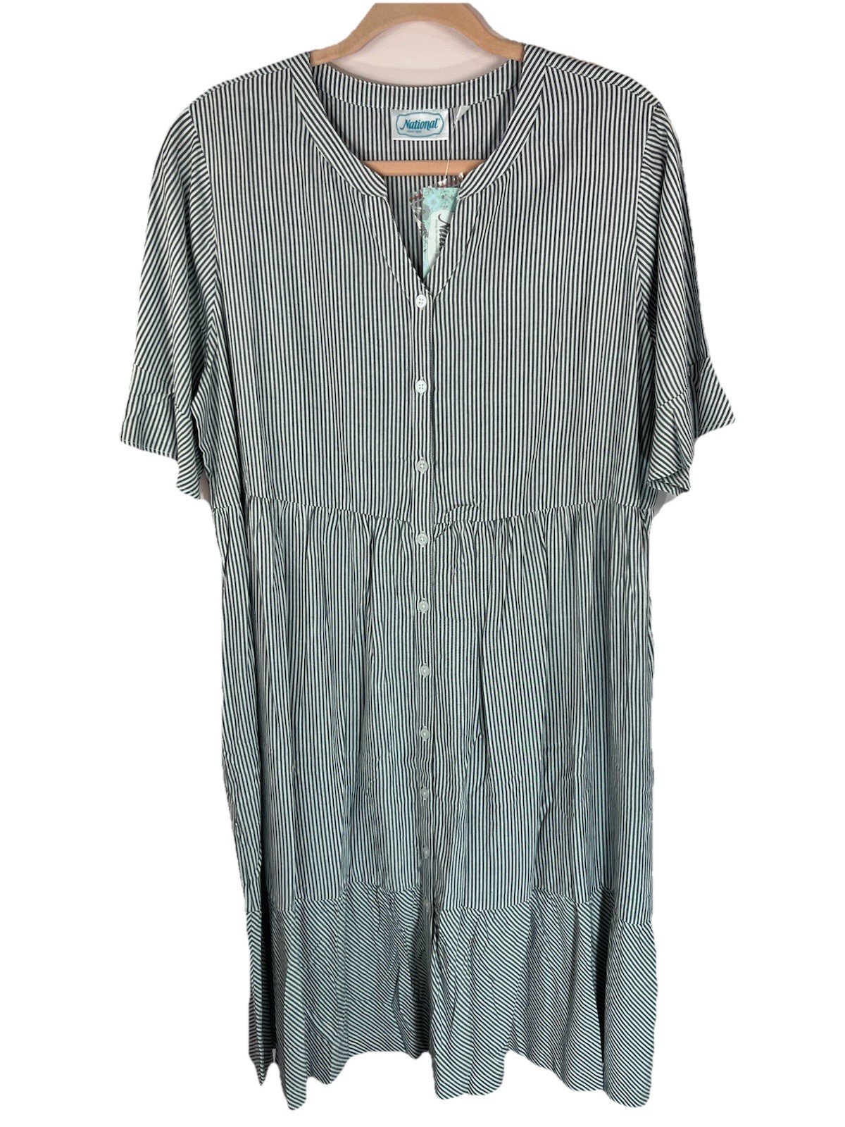 National since 1952 Leisure Garden/House Dress Gray Stripe Size Petite L Pockets