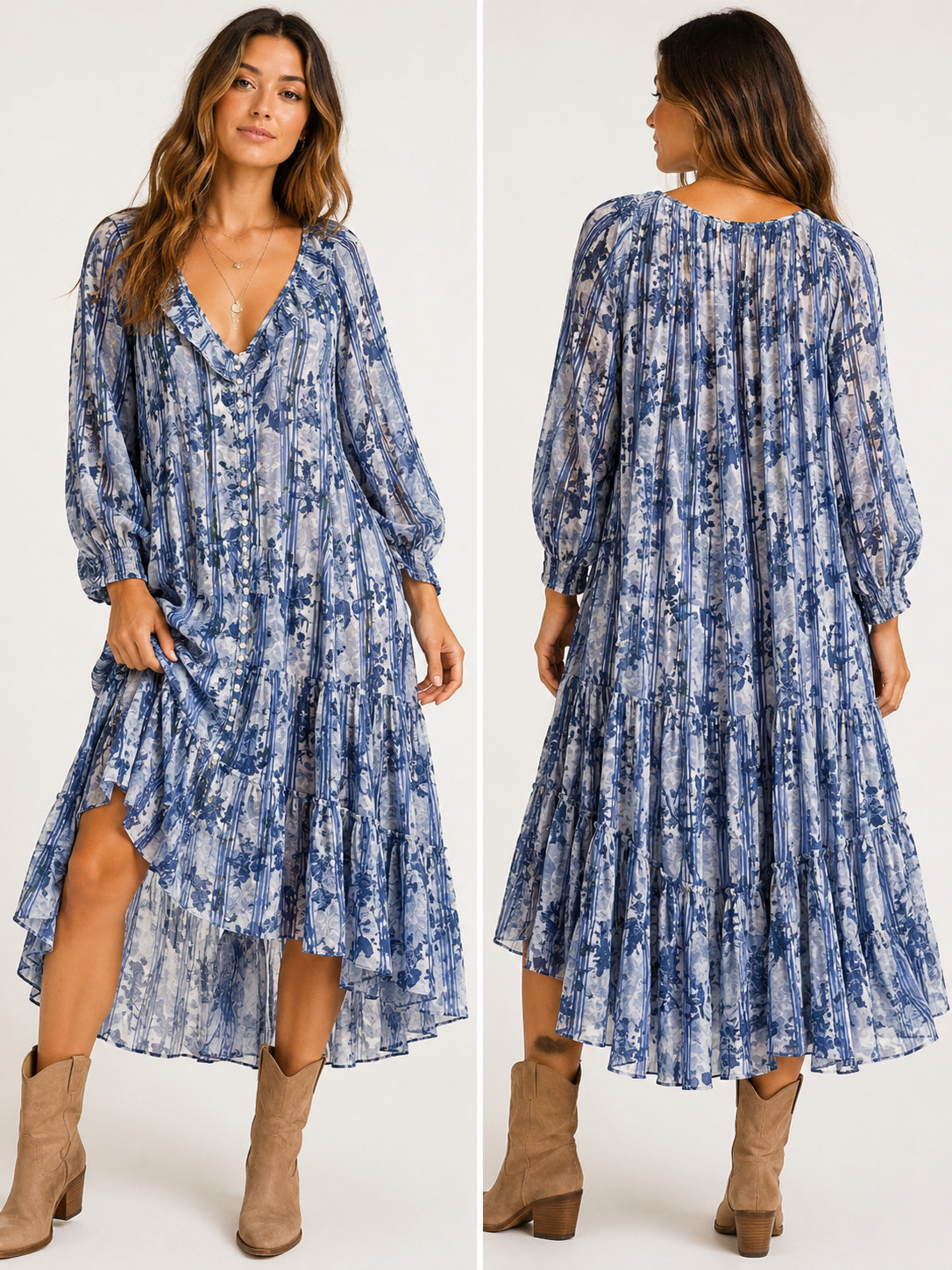 Free People Flowy Boho Maxi Dress – NWT – Size Medium – Blue Floral – $168 Retai