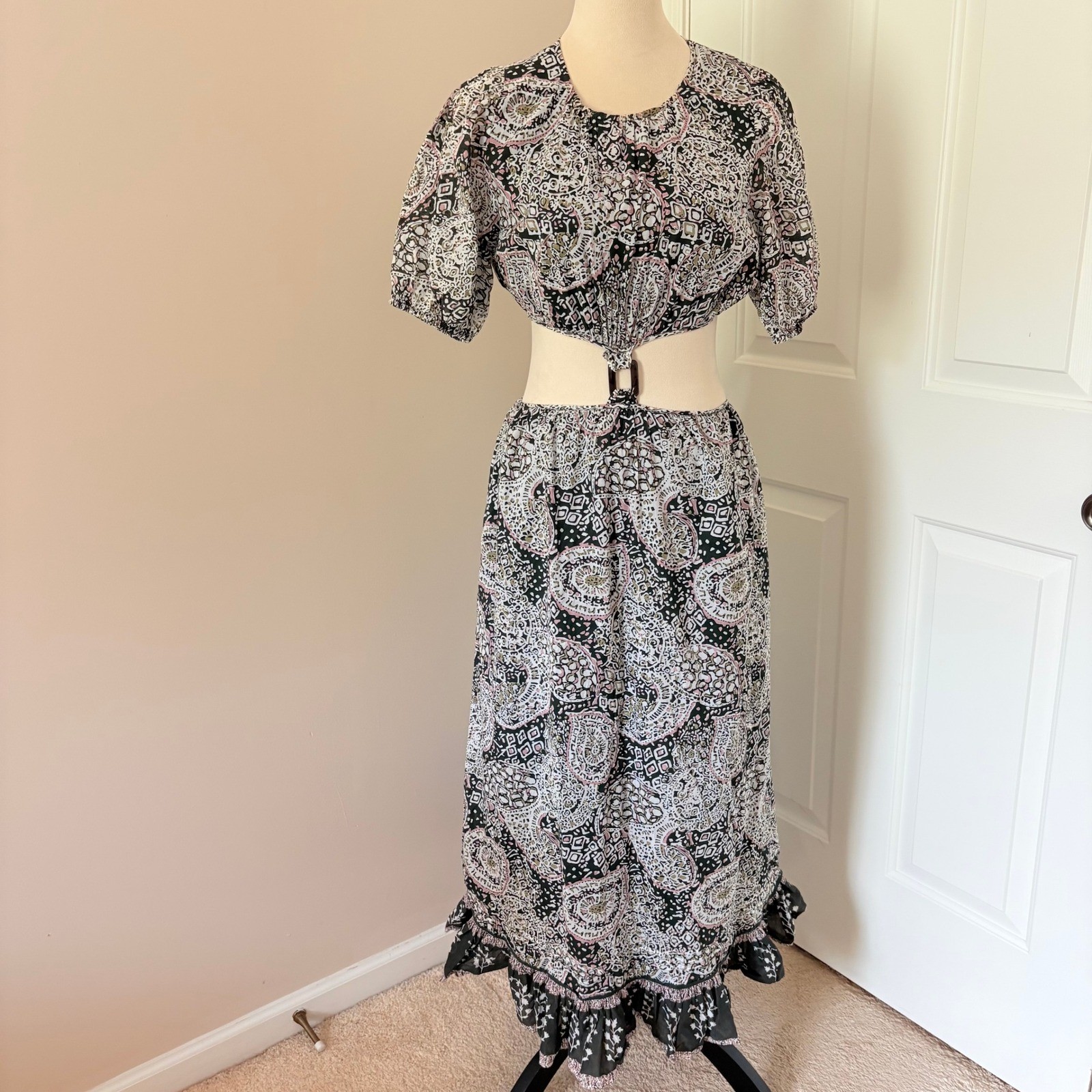 Cleobella Midi Dress Cleo XS Green Pink Paisley Cutout Ring Puff Sleeve Boho