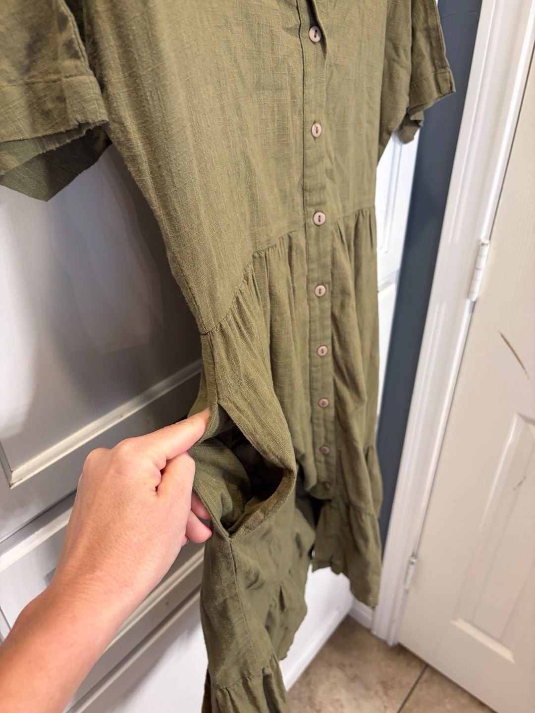ABLE Women’s Ida Tiered Button-Down Shirt Dress in Olive Green Medium