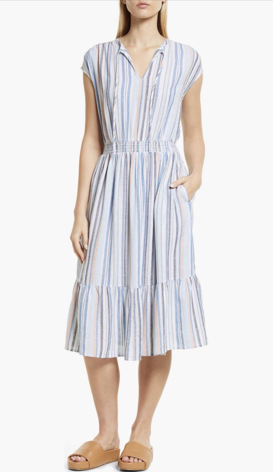 Caslon Stripes Linen Blend Shift Midi Dress Womens Sm costal Boho Travel Casual