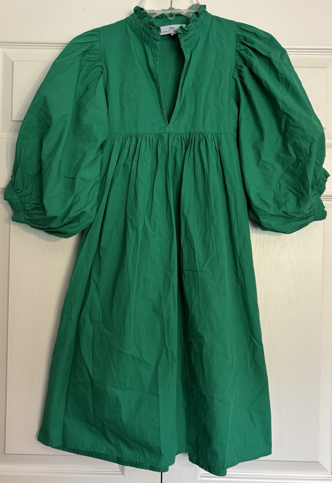 Never A Wallflower Poplin Puff Sleeve Dress High Neck Ruffle Kelly Green Medium