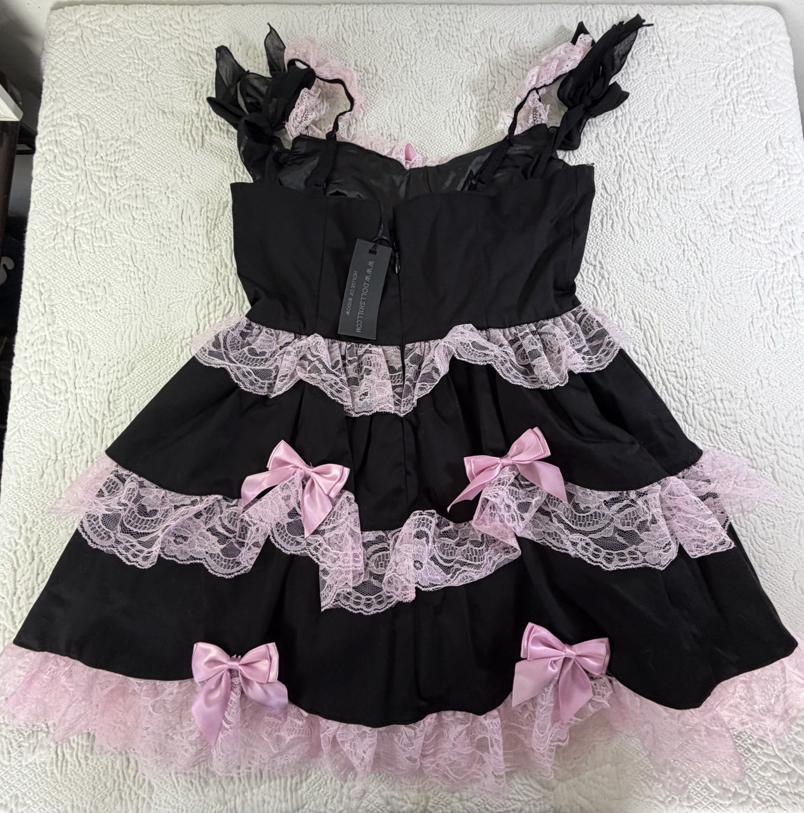 DOLLS KILL WIDOW THANK GOTH FOR YOU MINI DRESS BLACK W/PINK LACE BOWS Medium