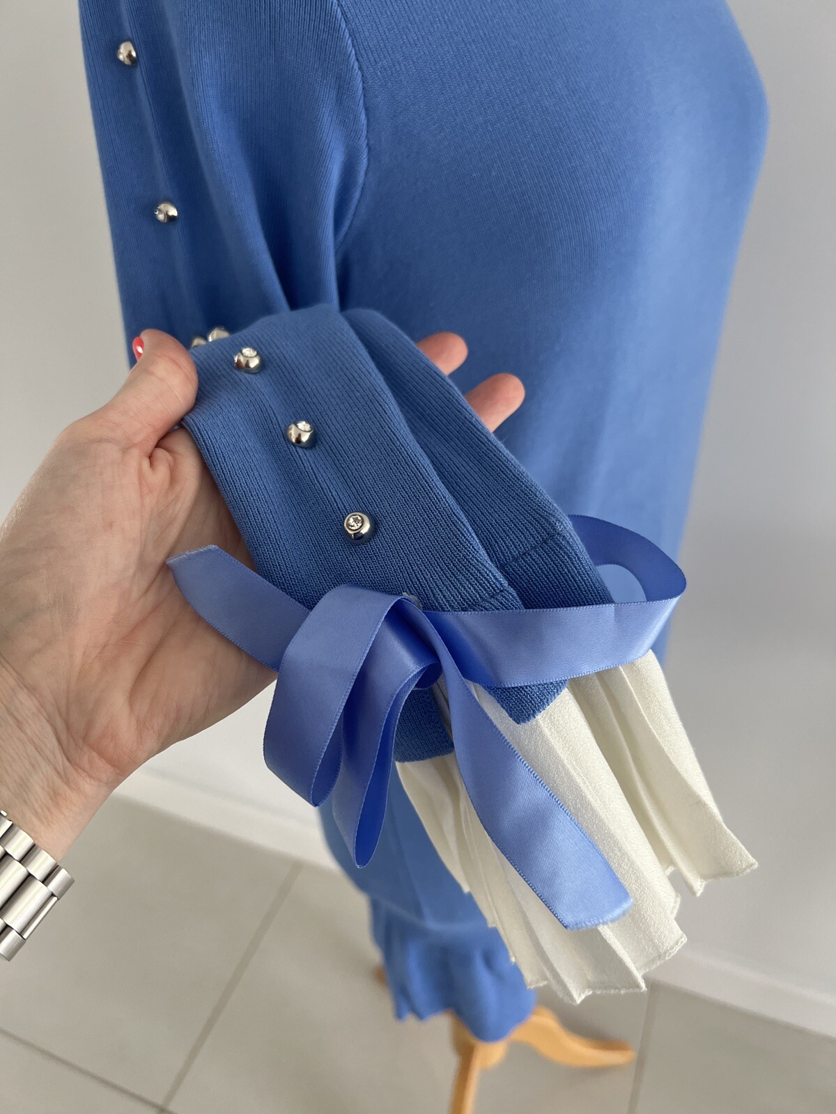 LAETITIA MEM Blue Pleated Cuffs Stretch Knit Jumper Dress O/S