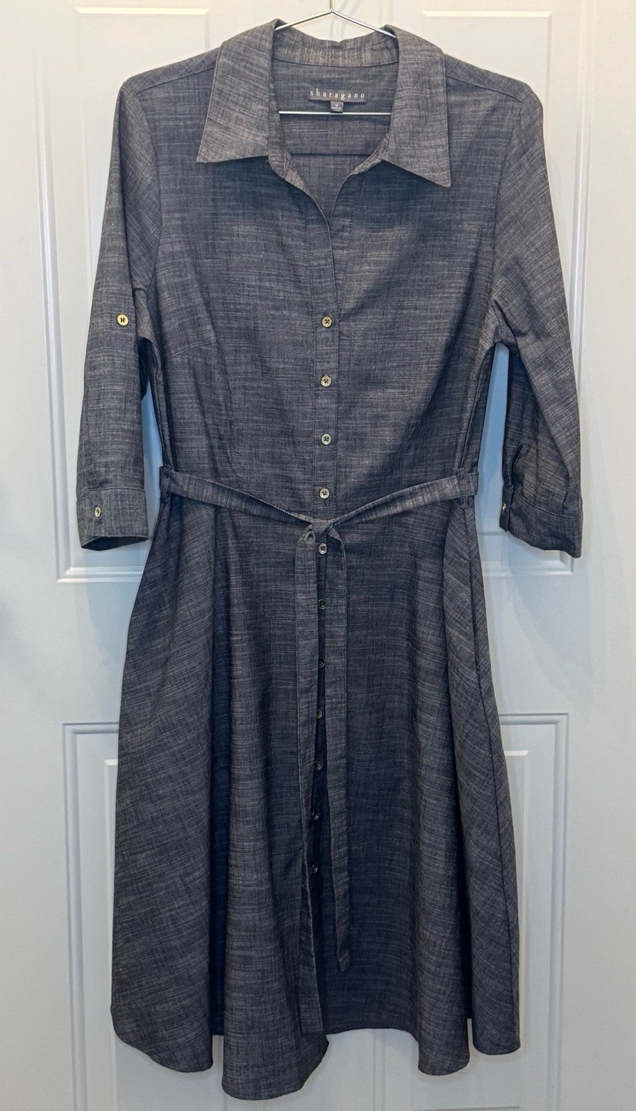 Sharagano Grey Heathered Shirt Dress Sz 12 Minimalist Career Casual Tab Sleeves