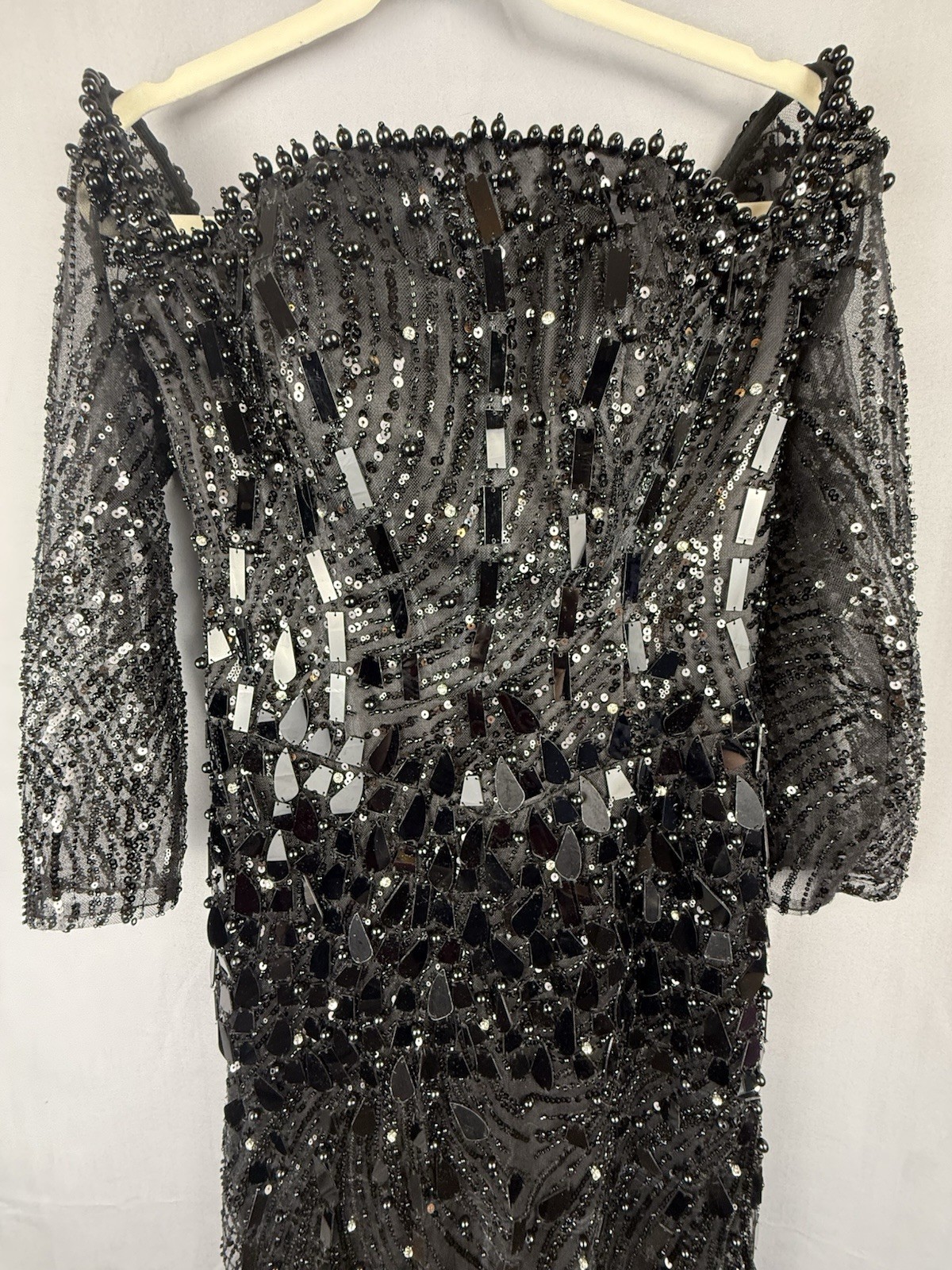 Black Beaded Sequin Sheer Midi Dress Lace Back Formal Party S Small