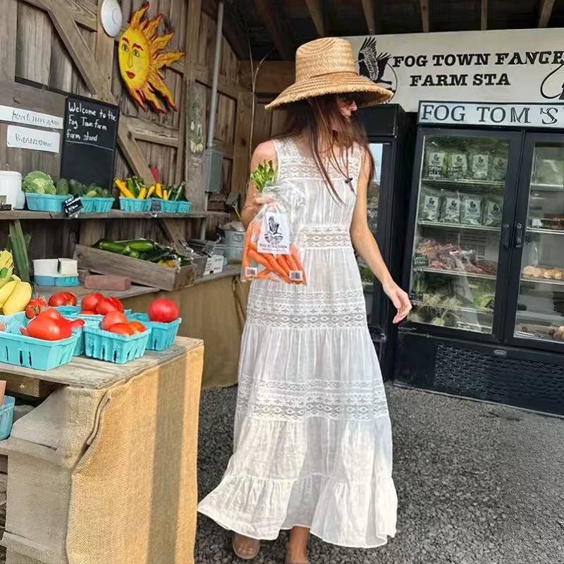 DOEN Spring/Summer Square Collar Lace Splicing Waist Sleeveless Dress