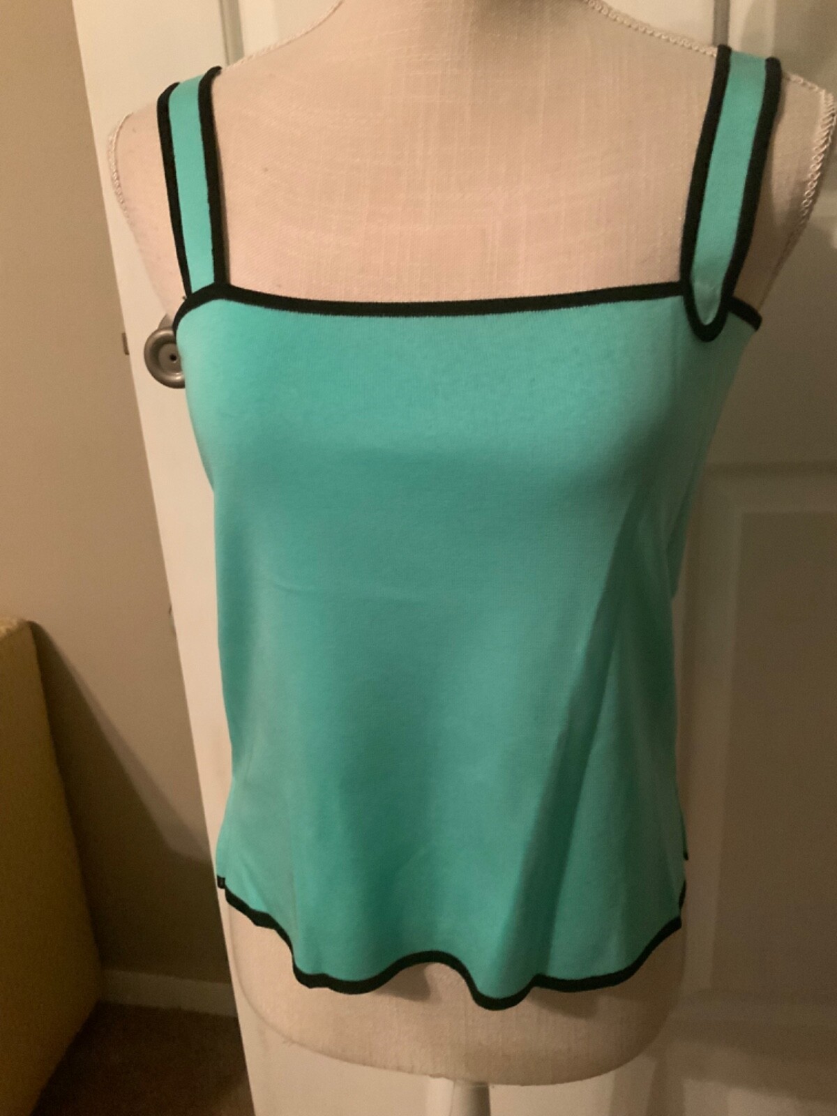 🌸Ming Wang Aqua Black Trim Stretch Thin Strap Shell Tank Top NWT 🌸