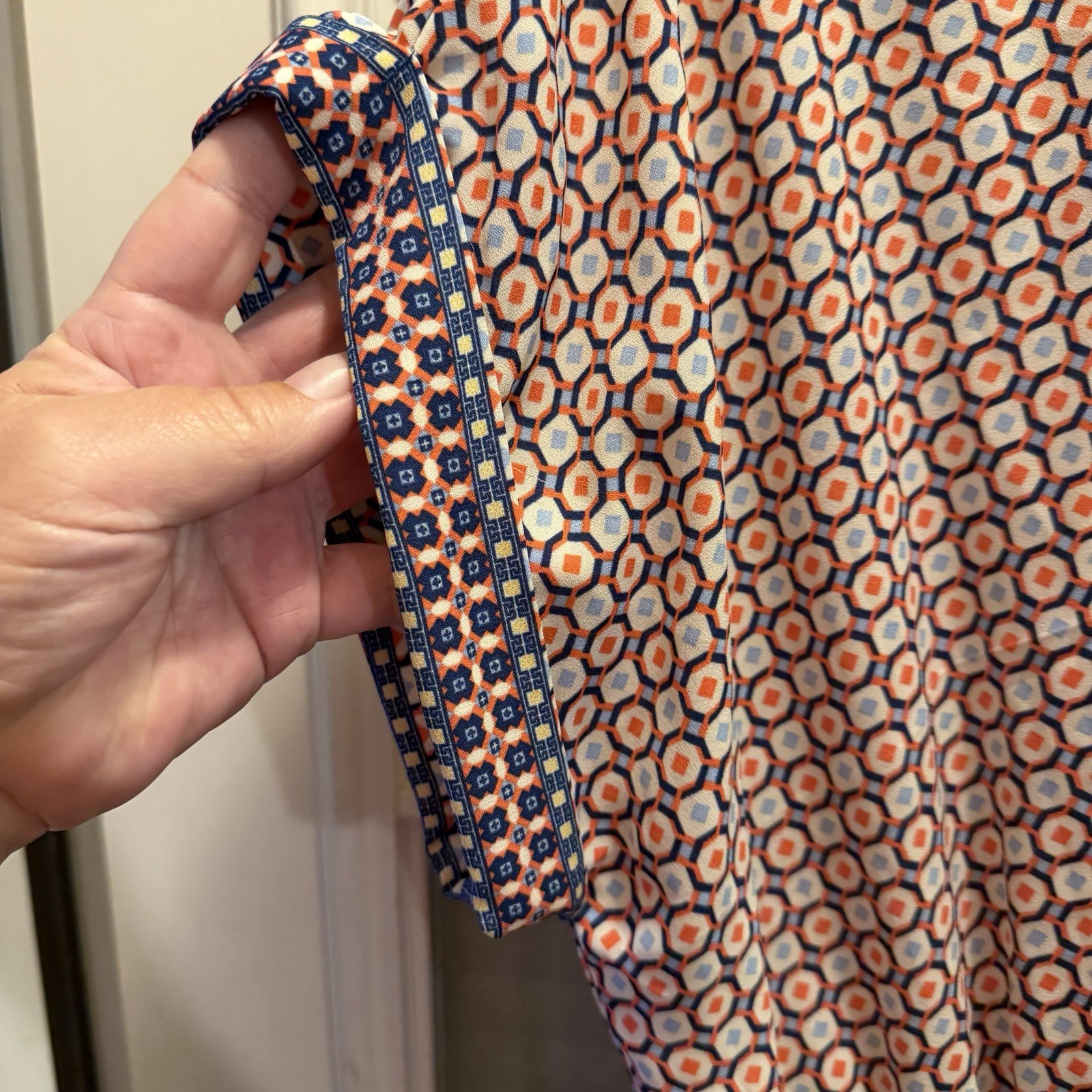 Max Studio L Blue Orange White Geometric V-Neck Short Sleeve Maxi Dress