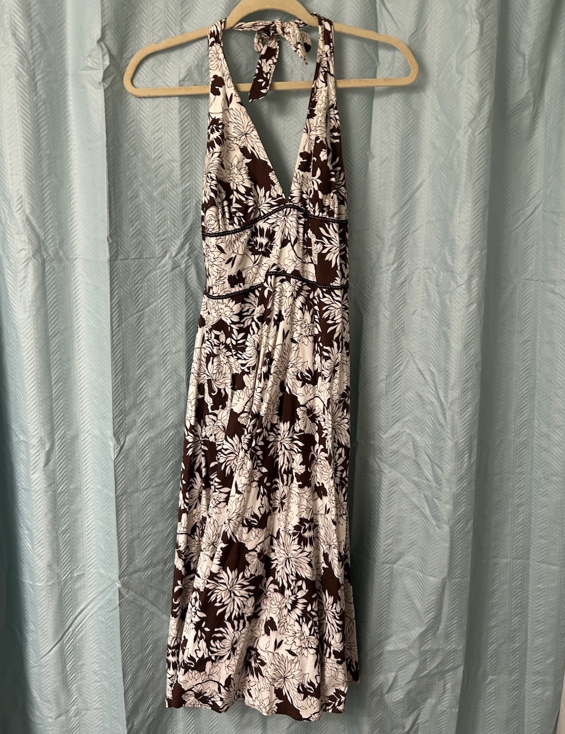 LAPIS FLORAL Halter Dress Brown White Floral 97% Cotton 3% Spandex L
