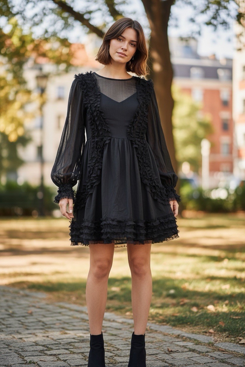 O.P.T. Black Chiffon Ruffle Mini Dress Sheer Long Sleeve Size M Goth Cottagecore