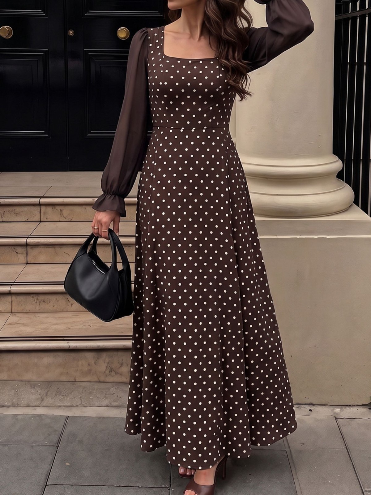 Women’s Polka Dot Square Neck Long Sleeve Maxi Dress
