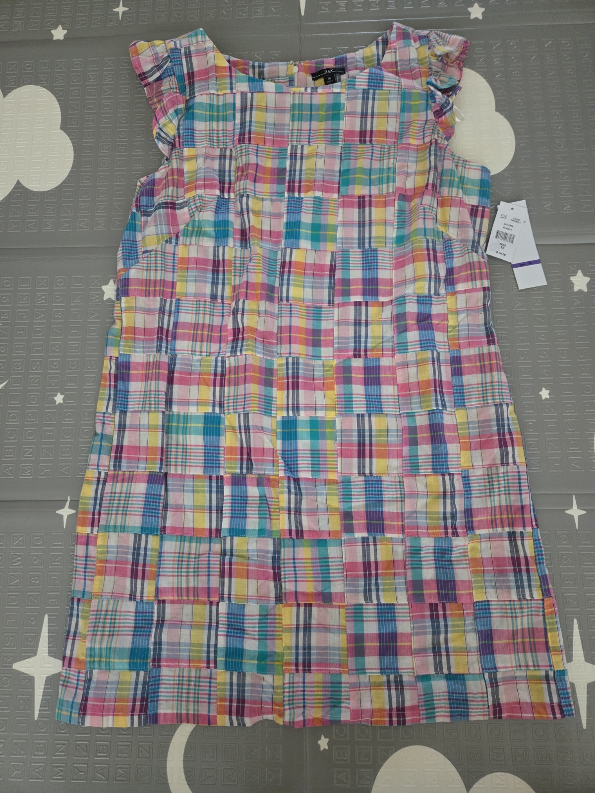 R&K Original Multi Madras Patchwork Plaid Ruffle Sleeve Dress Size 18, Cotton