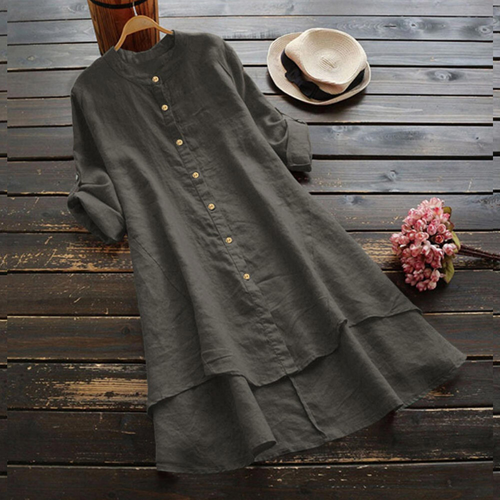 Womens Solid Ruffel Pleated Shirt Dress Long Sleeve Round Neck Casual Dress US