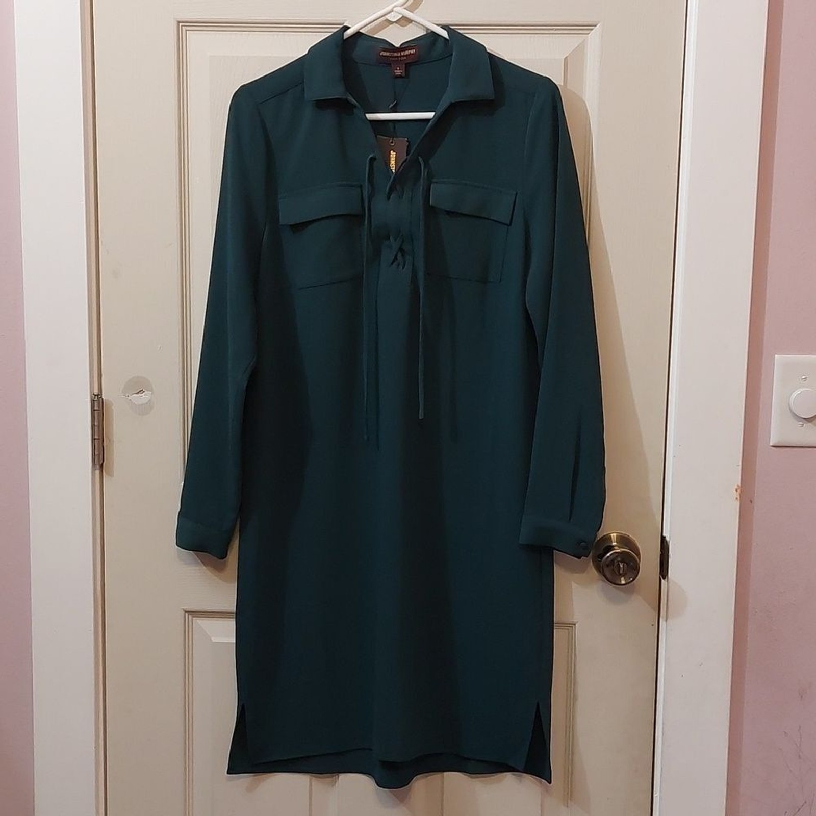 Johnston & Murphy Emerald Green Tie Front Long Sleeve Short Dress Size S NWT