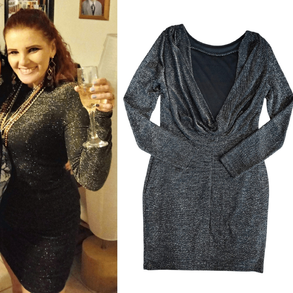 Favlux Black Sparkly Metallic Long Sleeve Draped Back Mini Dress Large
