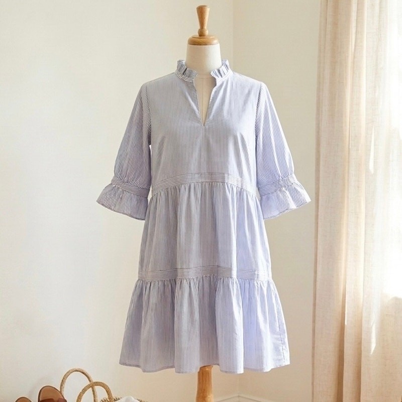 Gretchen Scott Blue and White Striped “So Sweet” Cotton Ruffle Dress SzM Preppy