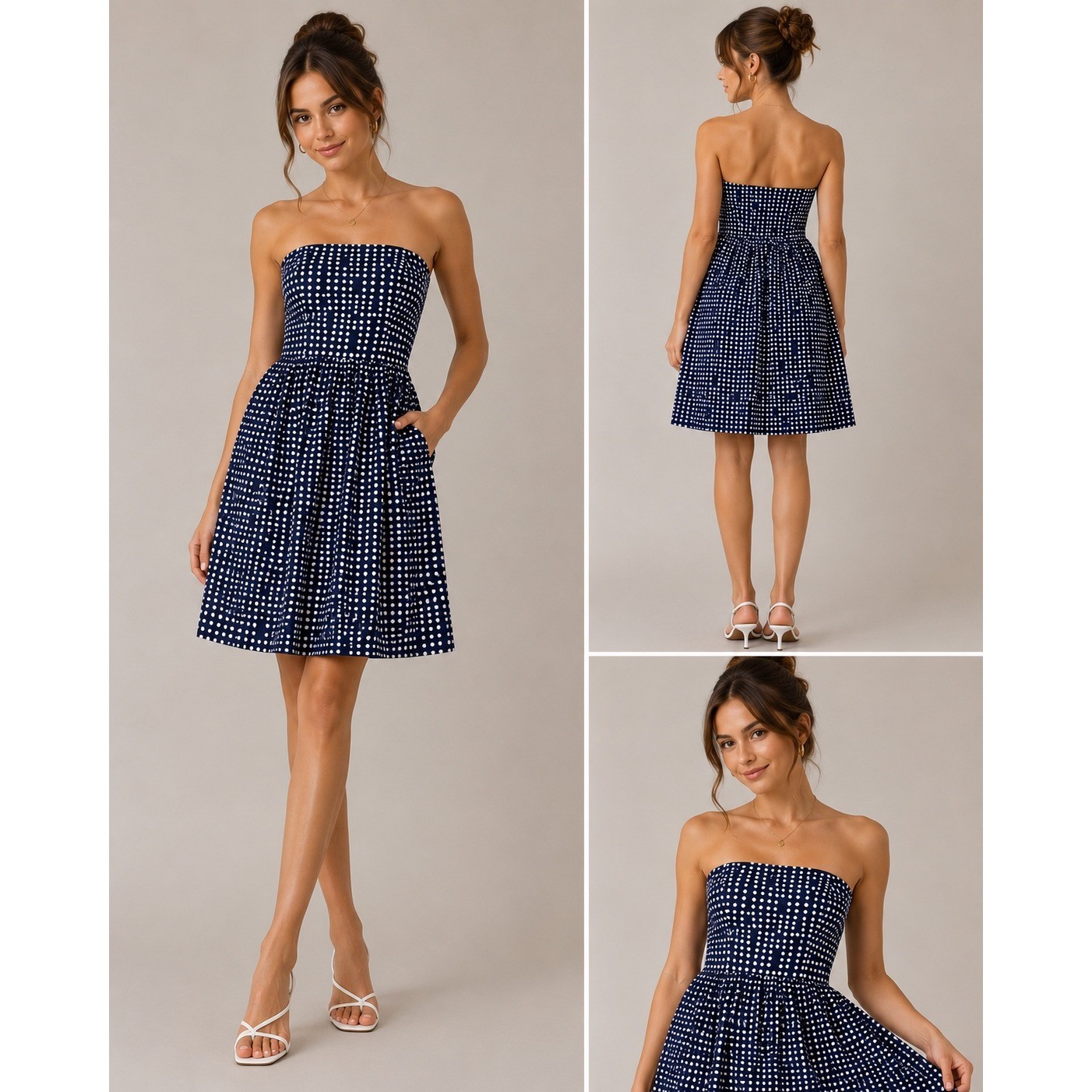 Gap Strapless Dress Womens 0 Navy Blue Polka Dot Cotton Linen Mini