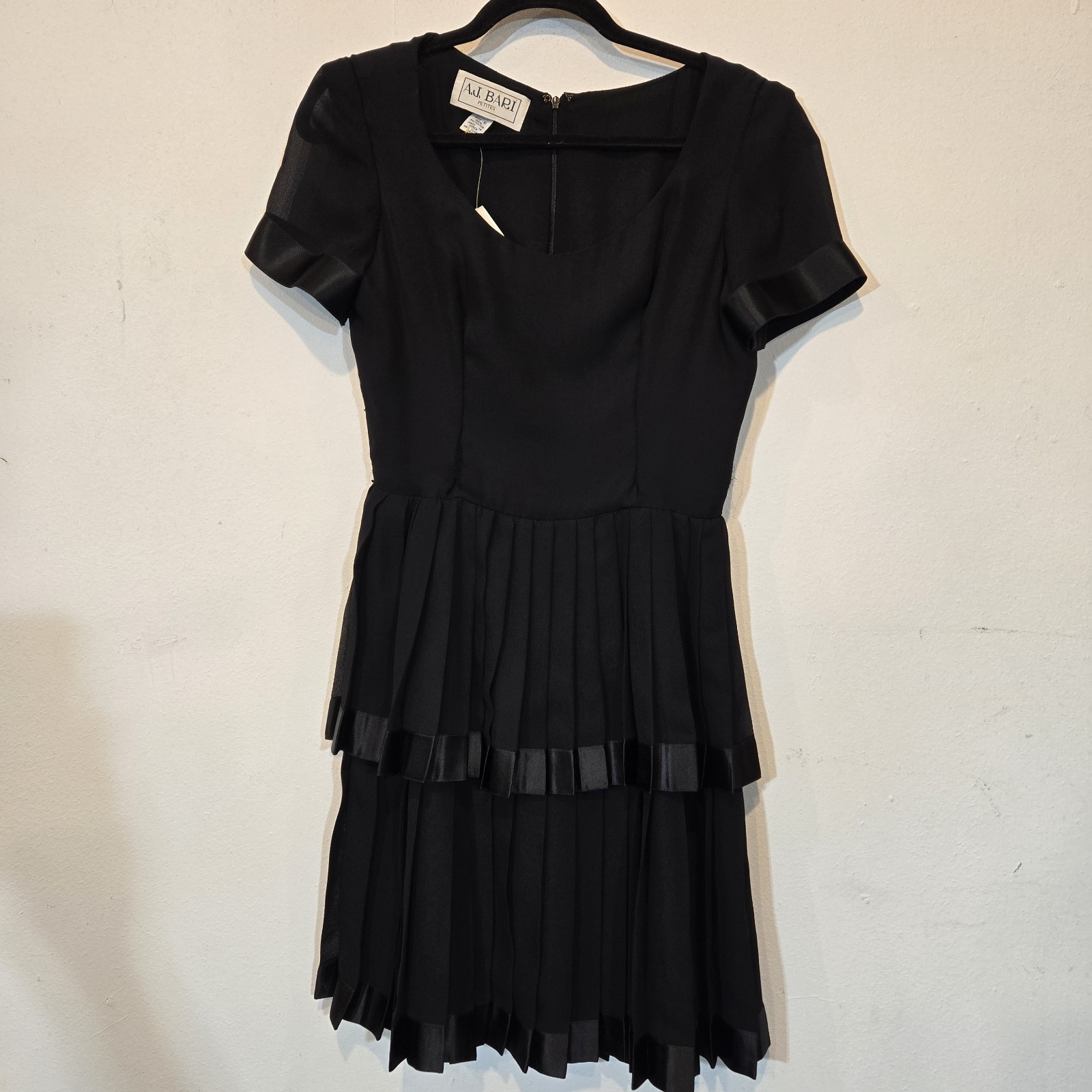 Vintage 90s A.J. Bari Mesh Pleated Satin Trimmed Little Black Dress Size 6