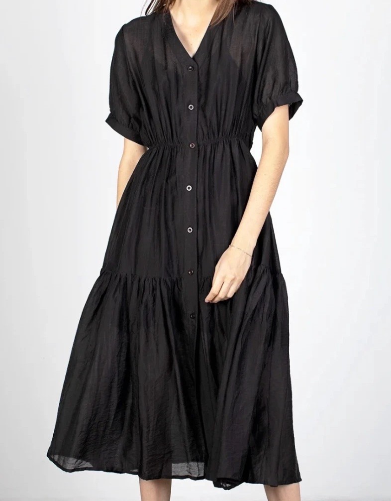 MOD REF S Black Button Front Midi Dress Puff Sleeve Tiered Lightweight Cottage