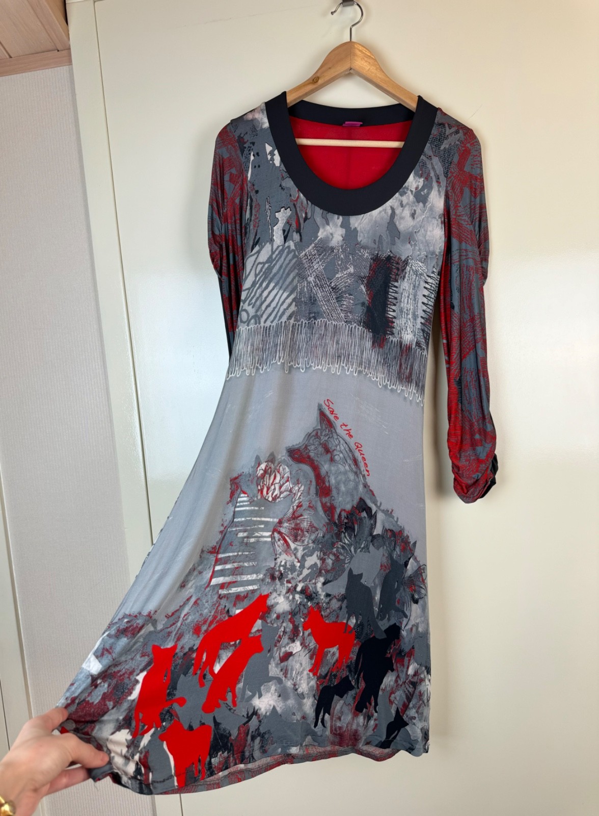 SAVE THE QUEEN Multicolor Midi Dress Avant Garde Gothic Art Deco Logo Wolfs M