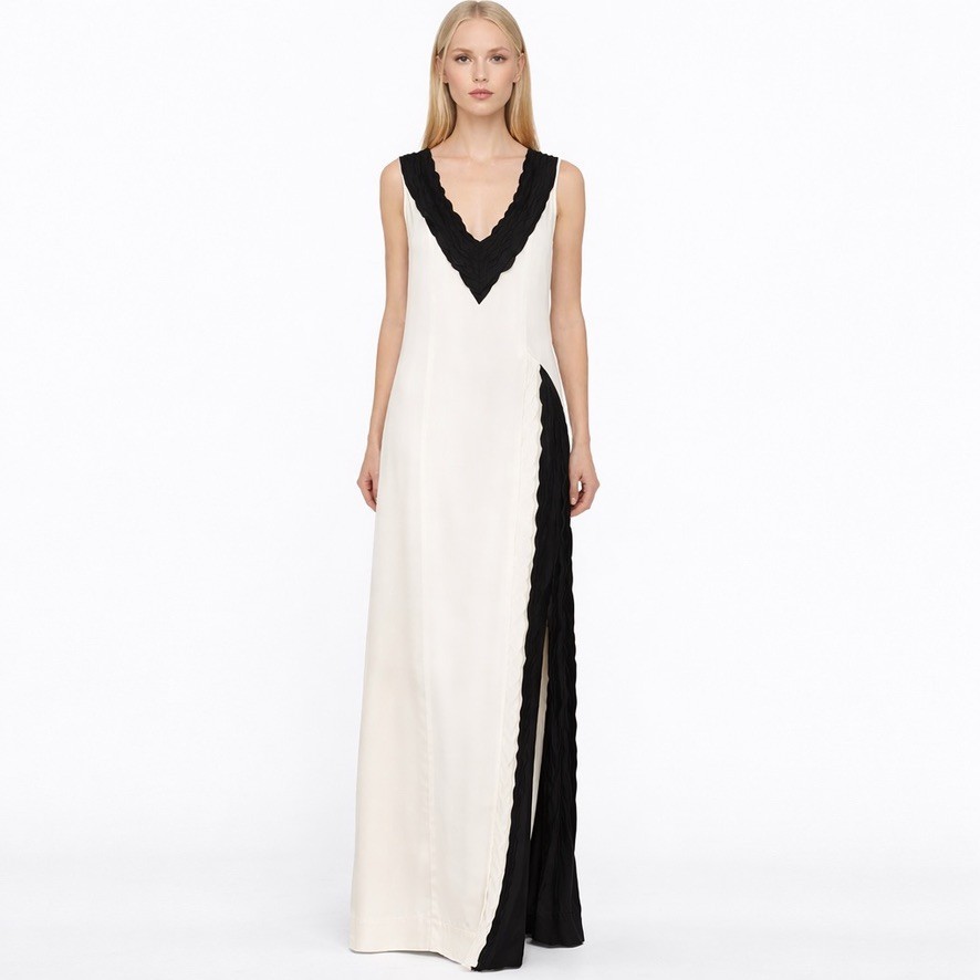 BEVZA Cream & Black Braid Trim Kvitka Maxi Gown Viscose Sleeveless Dress size XS