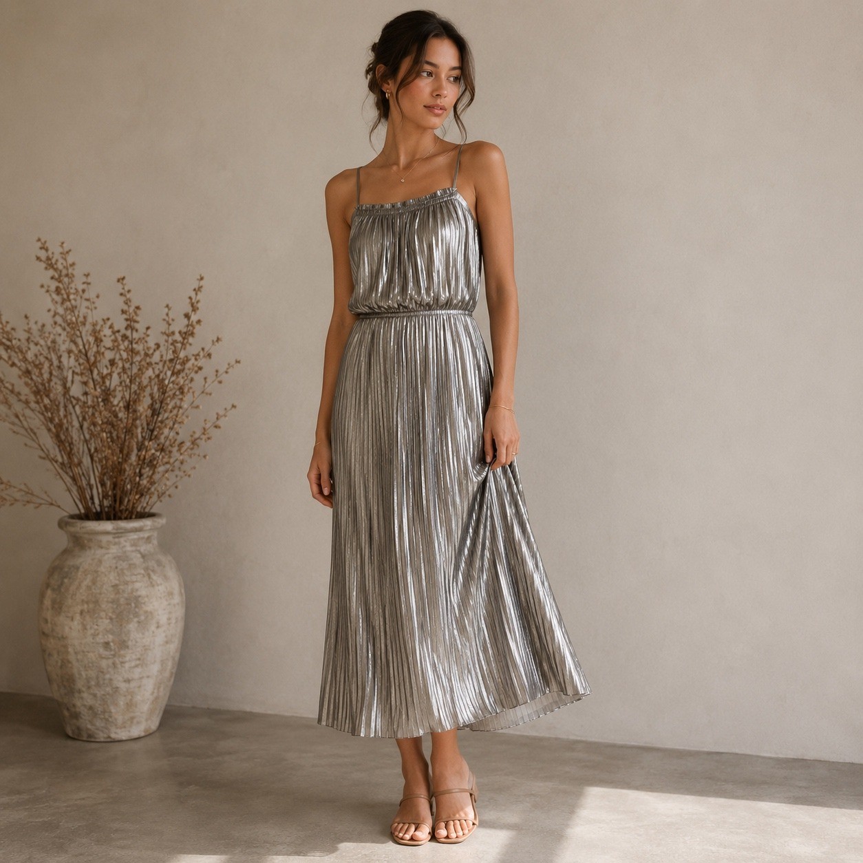Banana Republic Pleated Midi Dress Womens 8 Silver Metallic Square Neck 396391