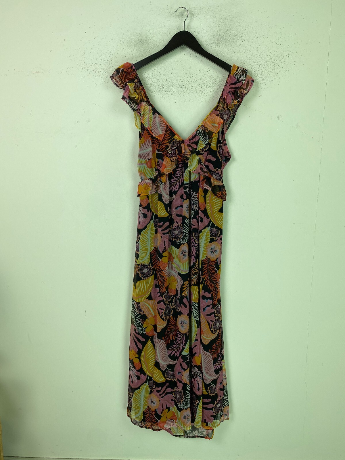 JDY Black Pink Multi Tropical Floral Midi A-Line Dress Open Back XL NEW