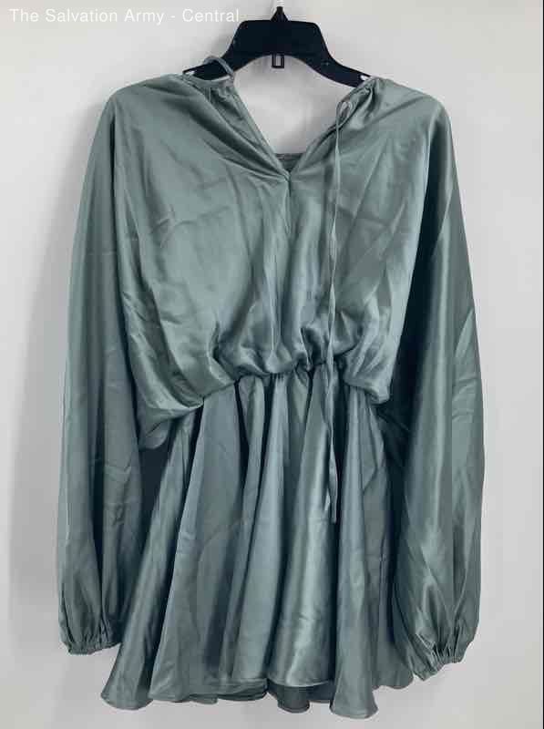 Mable Womens Green Satin Long Sleeve Round Neck Short Mini Dress Size Small