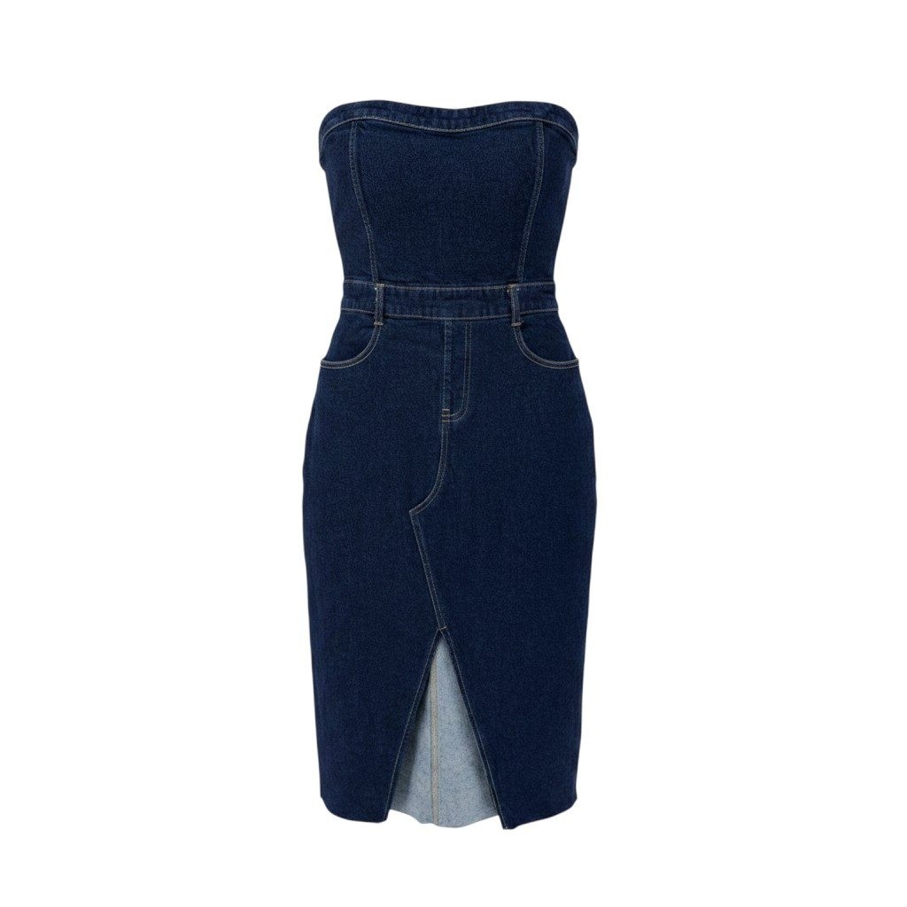 GB Denim Y2K Strapless Bodycon Midi Dress Dark Wash Women’s Size L NWT