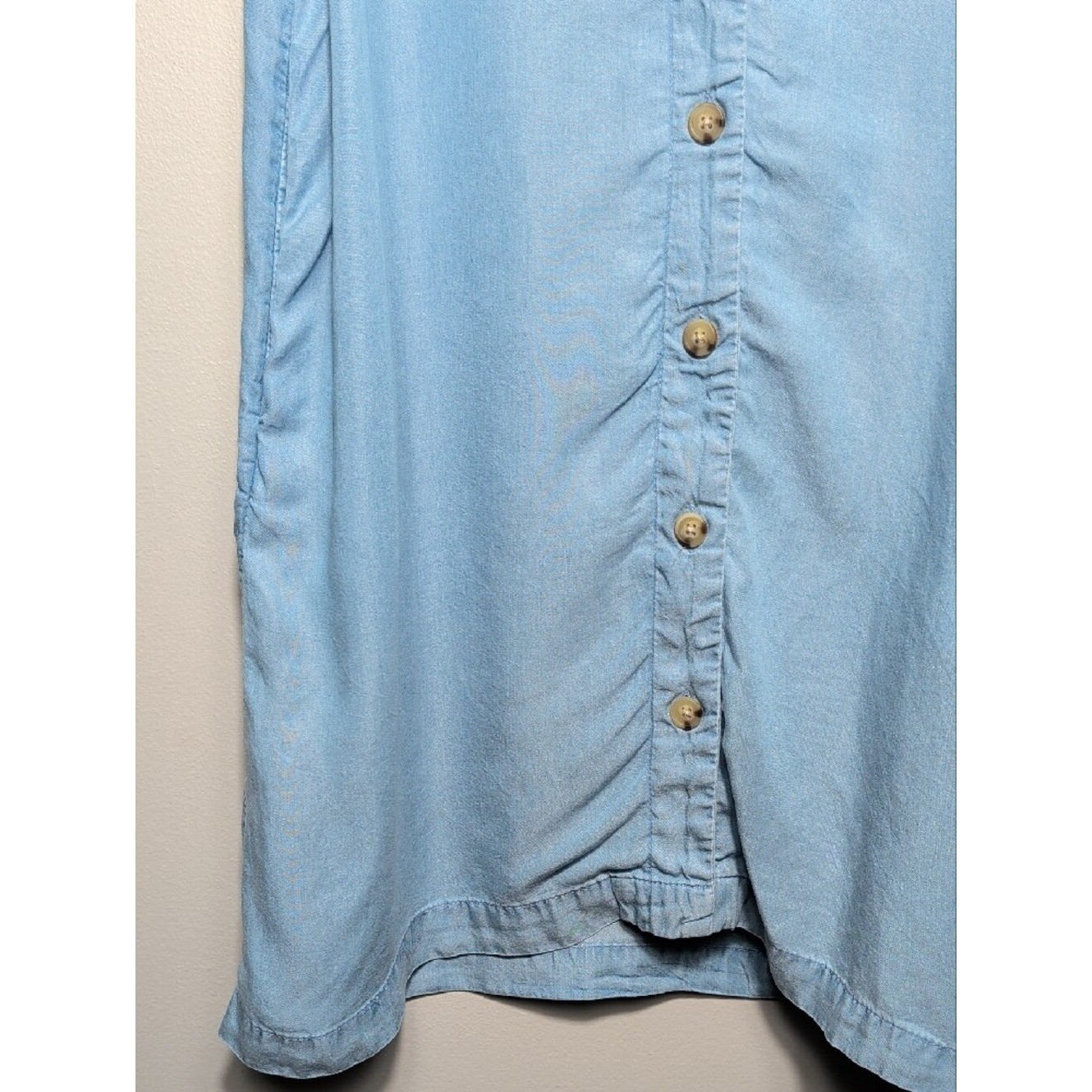 POPSUGAR Chambray Sleeveless Blue Button-Front Mini Shirt Dress Pockets Small